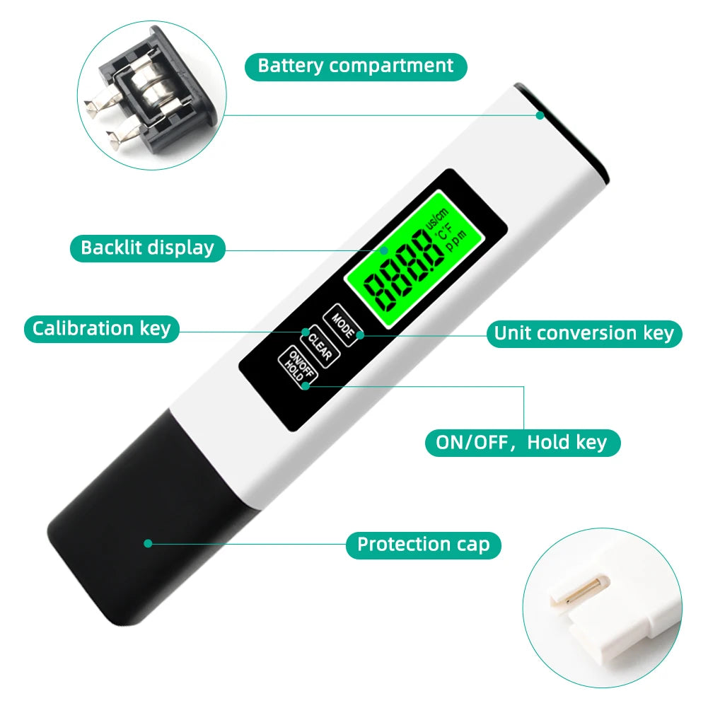 4 in 1 Digital Water Tester TDS Meter 0-9990 PPM Water Quality Tester Backlit LCD Display for Aquarium Swimming Pool PH Tester